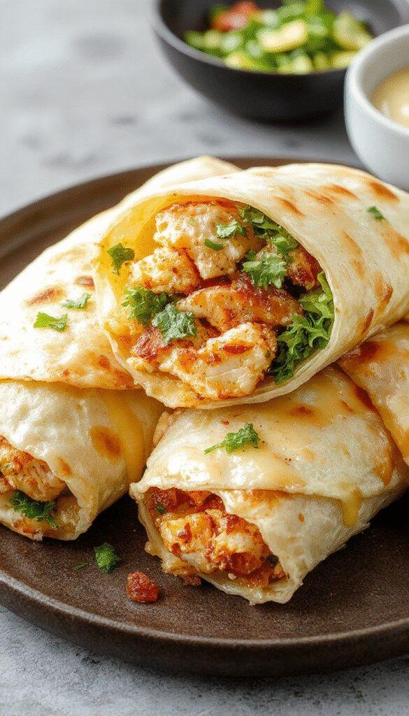 A close-up of a cheesy chicken garlic wrap sliced in half, revealing juicy chicken, melted cheese, and fresh greens inside a toasted wrap.