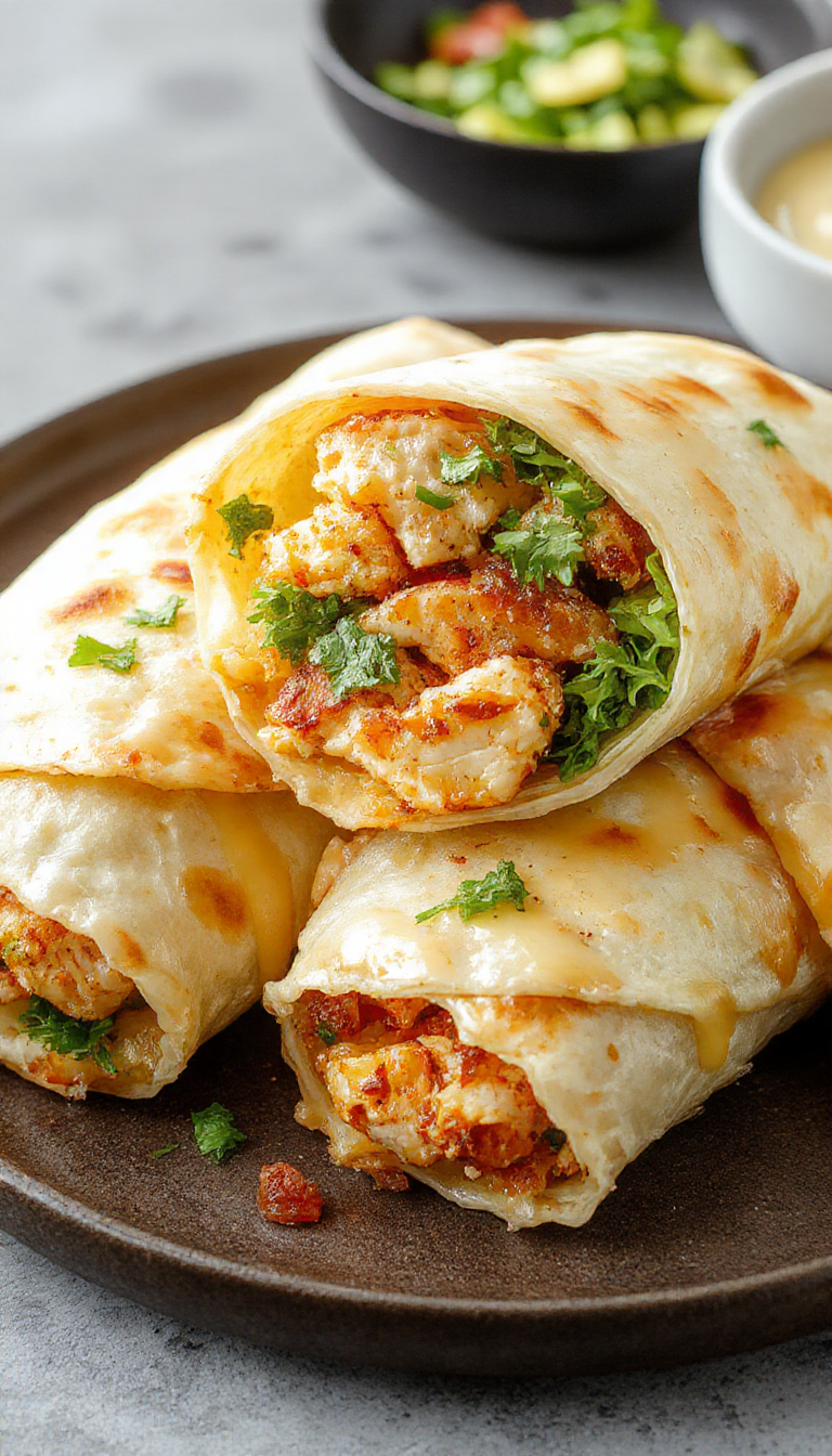 A close-up of a cheesy chicken garlic wrap sliced in half, revealing juicy chicken, melted cheese, and fresh greens inside a toasted wrap.