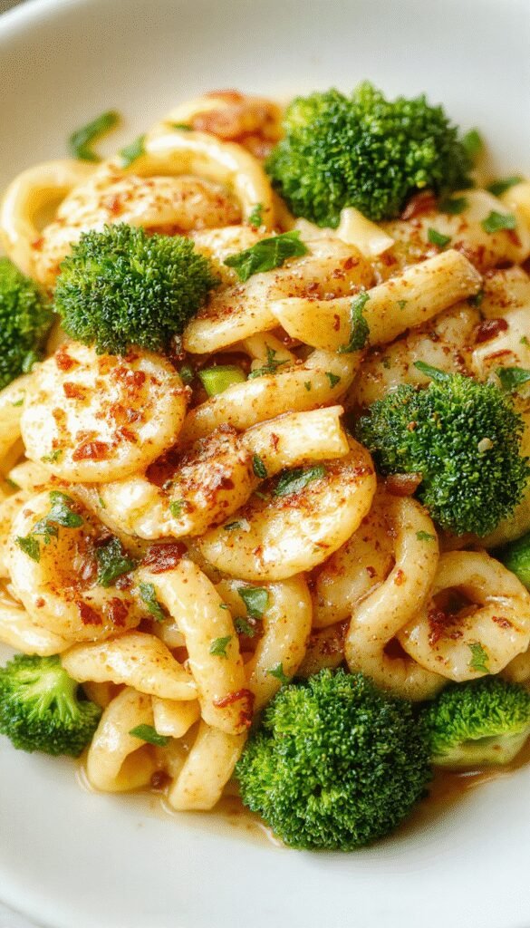 A vibrant plate of healthy broccoli pasta garnished with Parmesan cheese on a wooden table.