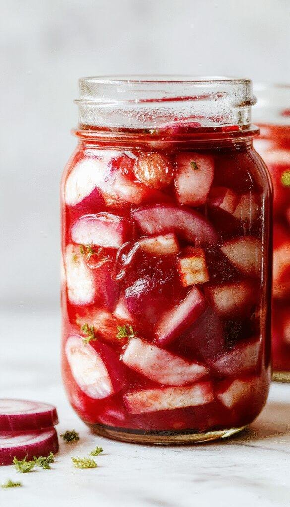 A small jar of vibrant pickled red onions with thinly sliced onions soaking in a colorful vinegar solution, surrounded by fresh red onions and herbs.