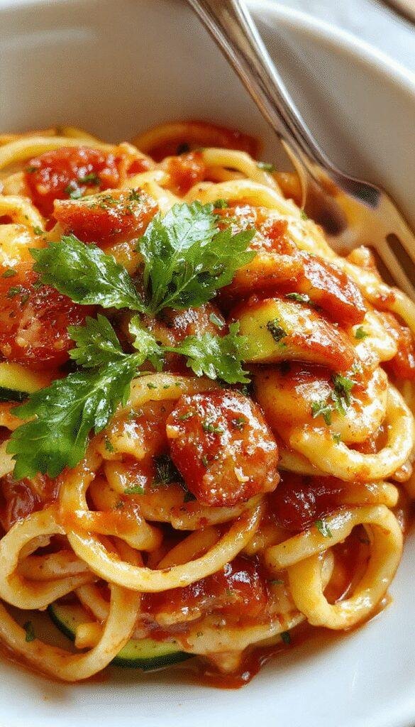 A plate of vibrant tomato and zucchini pasta garnished with fresh herbs, steaming and ready to enjoy for a quick weeknight dinner.