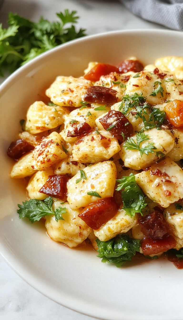 A vibrant bowl of creamy protein pasta with colorful vegetables and fresh herbs, served in a modern kitchen setting.