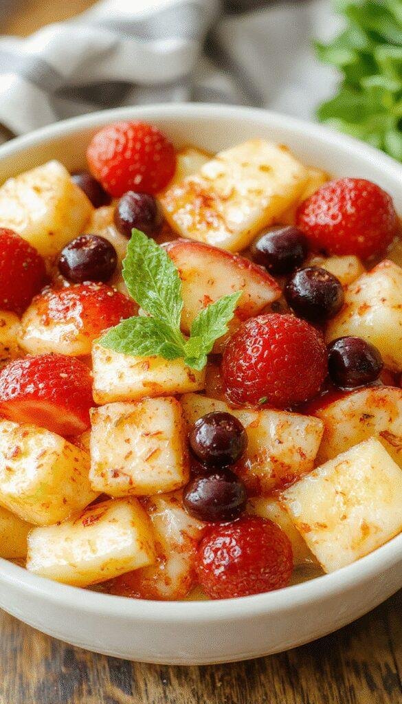 A vibrant bowl of refreshing summer fruit salad with slices of watermelon, strawberries, blueberries, kiwi, and mint leaves, perfect for a hot day.