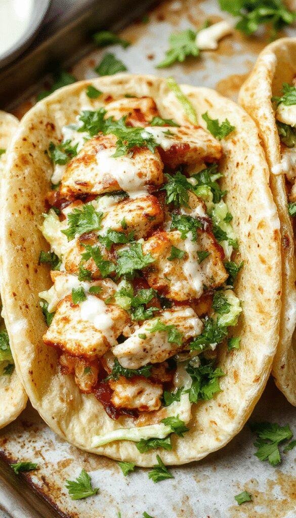 A vibrant plate of Sheet Pan Chicken Pitas topped with fresh herb ranch slaw, garnished with herbs and served on a rustic wooden table.