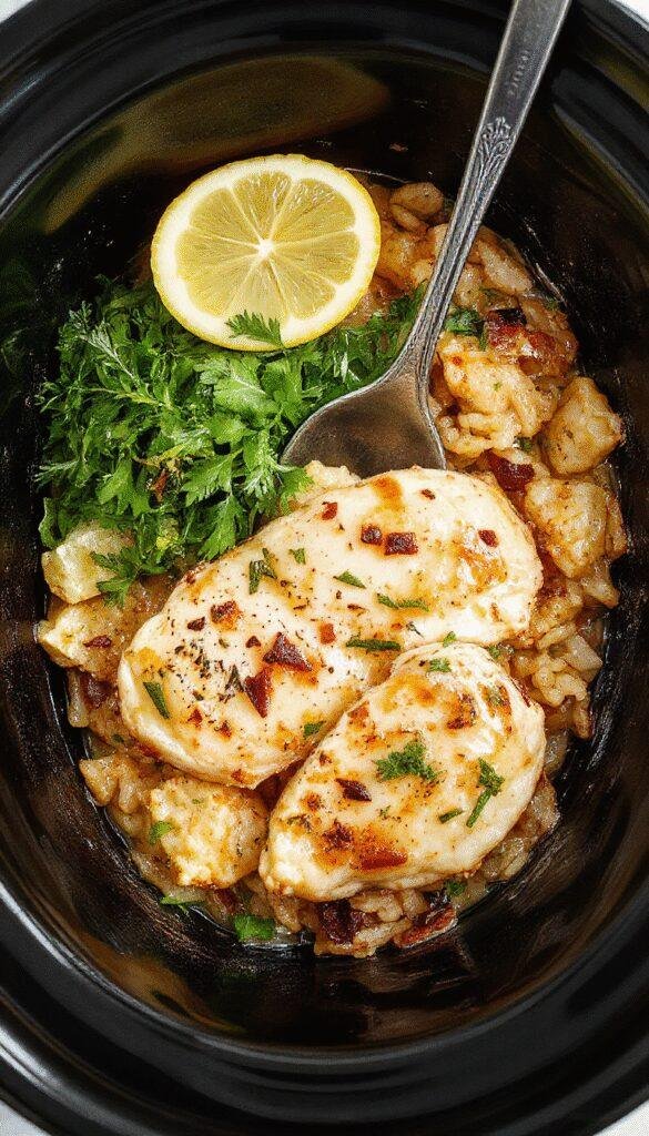 A plate of shredded slow cooker lemon herb chicken served over fluffy rice, garnished with fresh herbs and lemon slices, on a rustic wooden table.