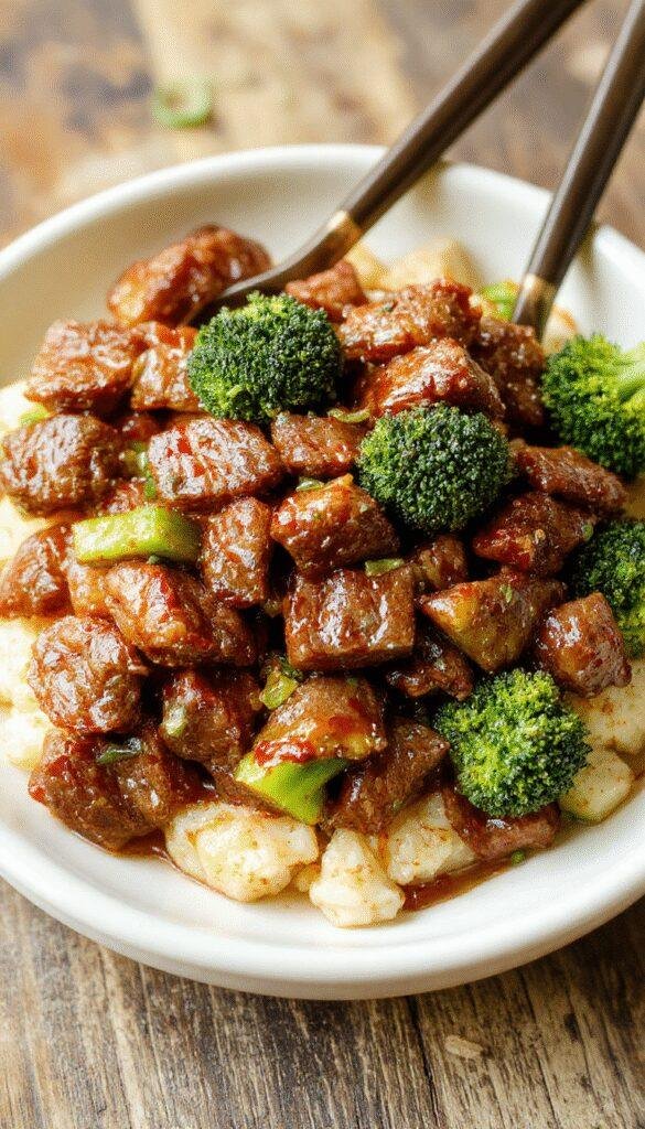 A colorful plate of honey garlic beef and broccoli stir-fry with tender beef strips, vibrant broccoli florets, and a glossy sauce, garnished with sesame seeds.