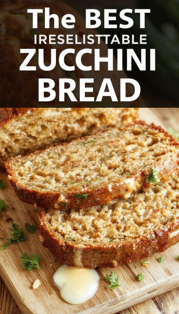 A freshly sliced zucchini bread loaf with a golden-brown crust, garnished with a sprinkle of powdered sugar and placed on a rustic wooden table.