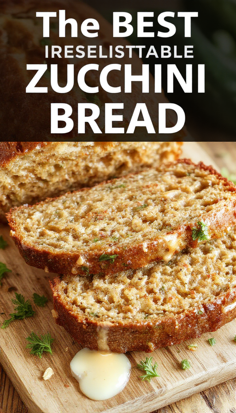 A freshly sliced zucchini bread loaf with a golden-brown crust, garnished with a sprinkle of powdered sugar and placed on a rustic wooden table.