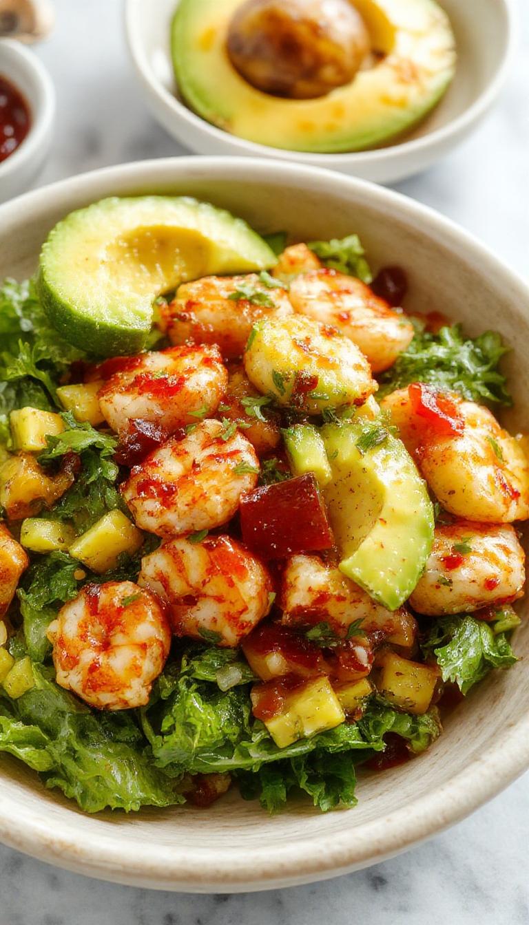 Colorful tropical shrimp and avocado mango salsa bowls garnished with fresh herbs on a wooden table