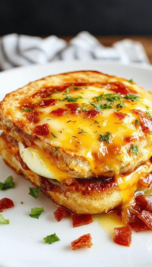 A sizzling breakfast plate featuring fluffy scrambled eggs, crispy bacon strips, melted cheese, and toasted bread garnished with herbs.
