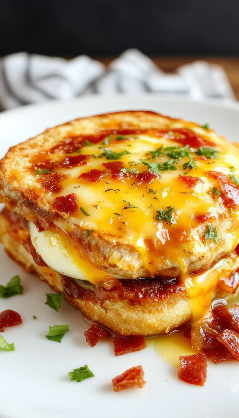 A sizzling breakfast plate featuring fluffy scrambled eggs, crispy bacon strips, melted cheese, and toasted bread garnished with herbs.