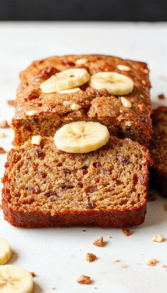 A slice of golden high-protein banana bread on a rustic plate, garnished with banana slices and a drizzle of honey, with a whole banana beside it.