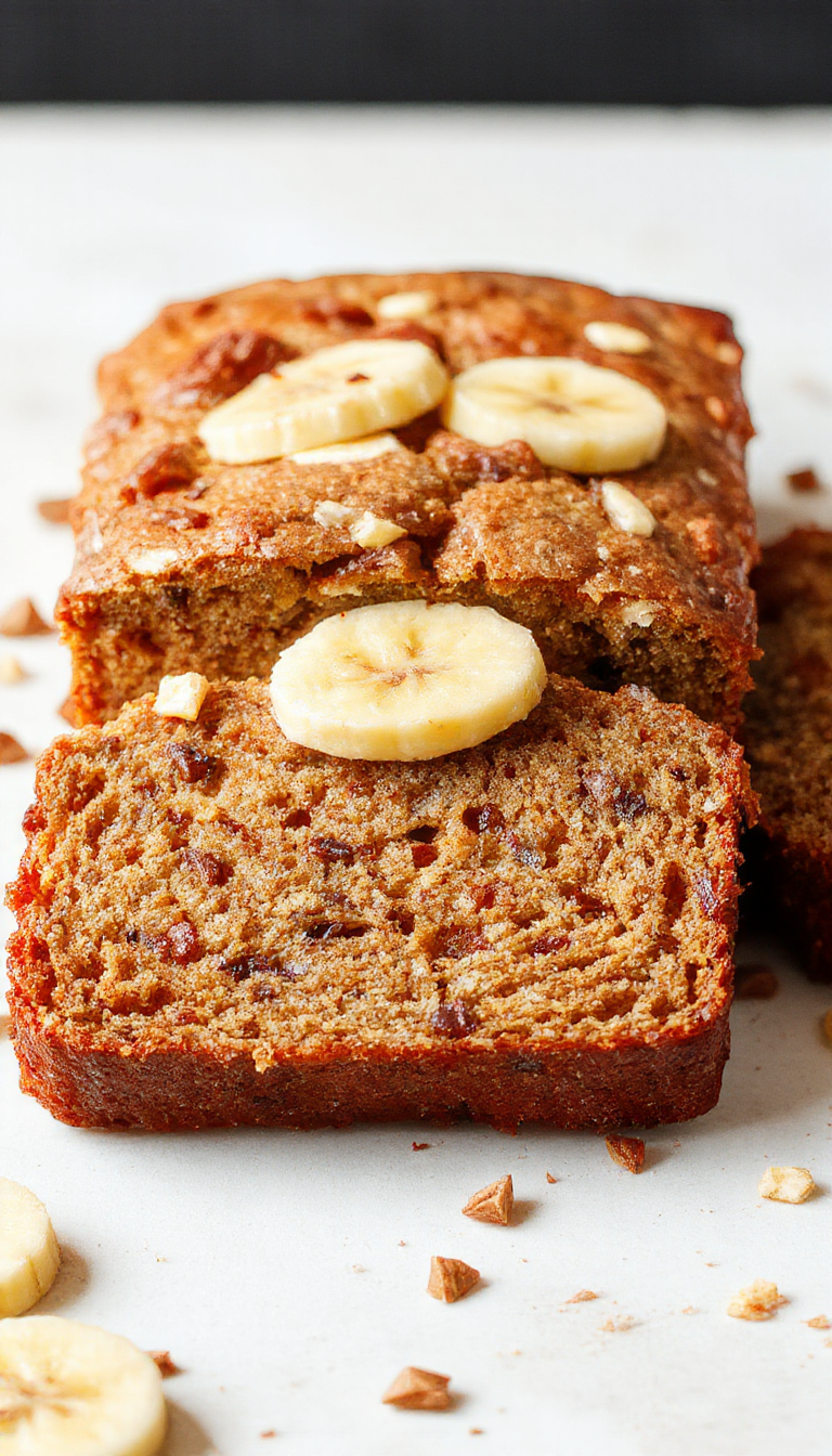 A slice of golden high-protein banana bread on a rustic plate, garnished with banana slices and a drizzle of honey, with a whole banana beside it.