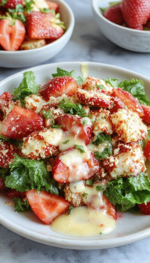 A vibrant bowl of Viral Strawberry Crunch Salad topped with crunchy toppings and drizzled with champagne vinaigrette, perfect for a summer gathering.
