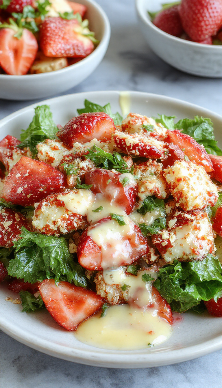 A vibrant bowl of Viral Strawberry Crunch Salad topped with crunchy toppings and drizzled with champagne vinaigrette, perfect for a summer gathering.