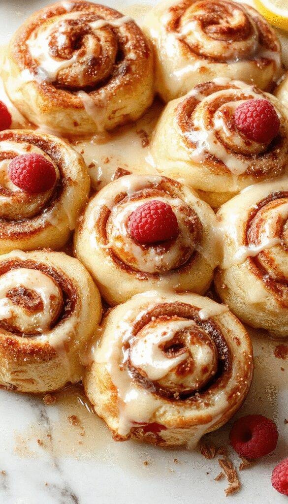A plate of freshly baked Zesty Lemon Raspberry Cinnamon Rolls drizzled with glaze, showcasing vibrant raspberries and fragrant cinnamon swirls.