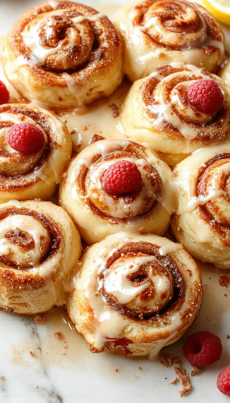A plate of freshly baked Zesty Lemon Raspberry Cinnamon Rolls drizzled with glaze, showcasing vibrant raspberries and fragrant cinnamon swirls.