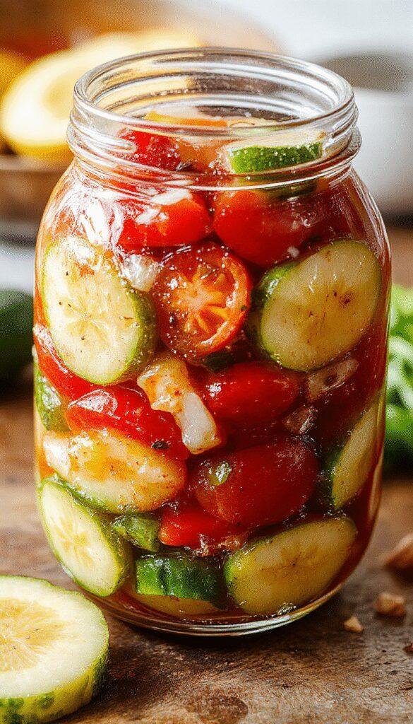 A colorful bowl of zesty pickled cherry tomatoes, sliced onions, and crisp cucumbers garnished with herbs, showcasing a vibrant summer recipe.