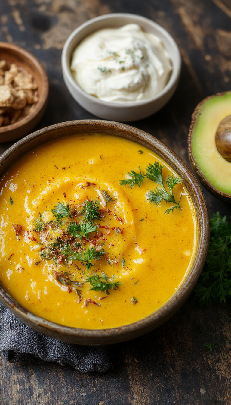A vibrant bowl of Zesty Turmeric Lentil Soup garnished with fresh herbs and lemon slices, showcasing its bright yellow color and hearty texture.