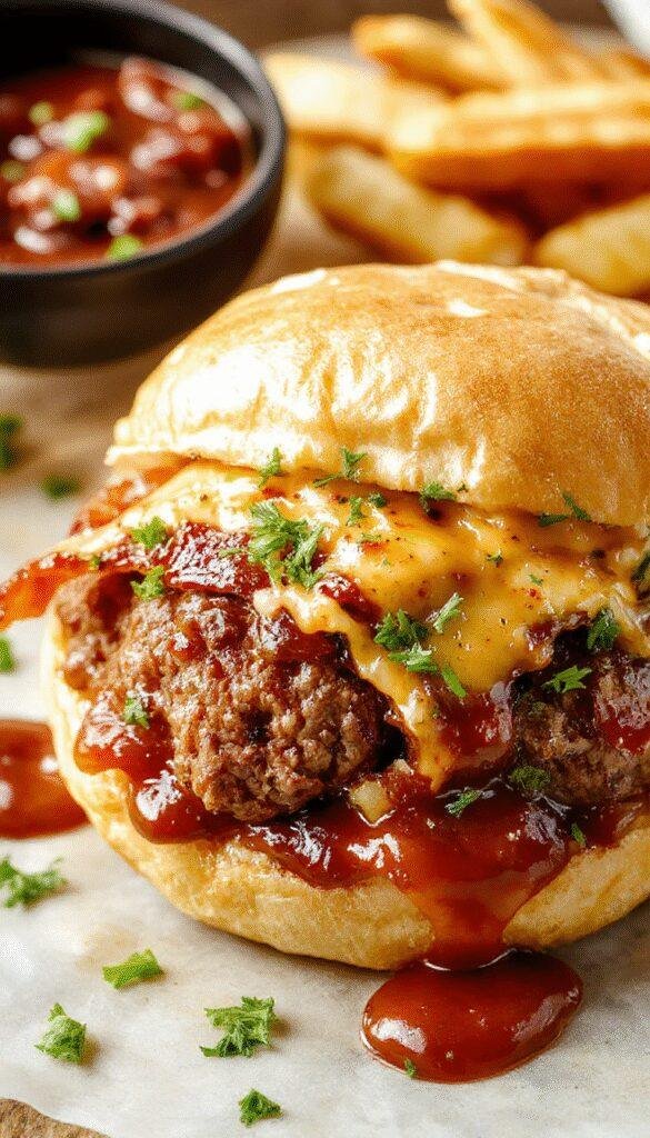 A plate of savory bourbon BBQ bacon cheeseburger meatballs garnished with fresh herbs, served with a side of crispy fries.