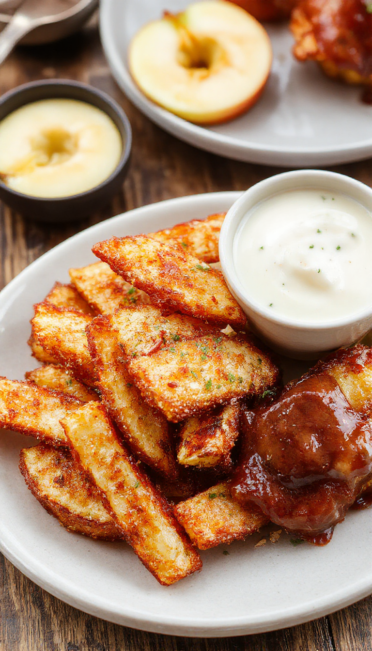 A plate of crispy, golden apple fries coated in cinnamon sugar, served with a dipping sauce on a rustic wooden table.