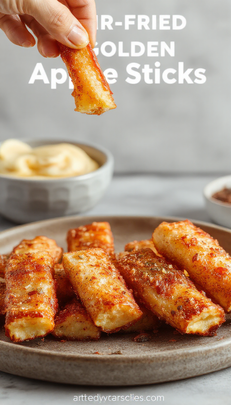Golden apple sticks battered and crispy from air frying, served on a plate with a sprinkle of cinnamon and a drizzle of caramel sauce.