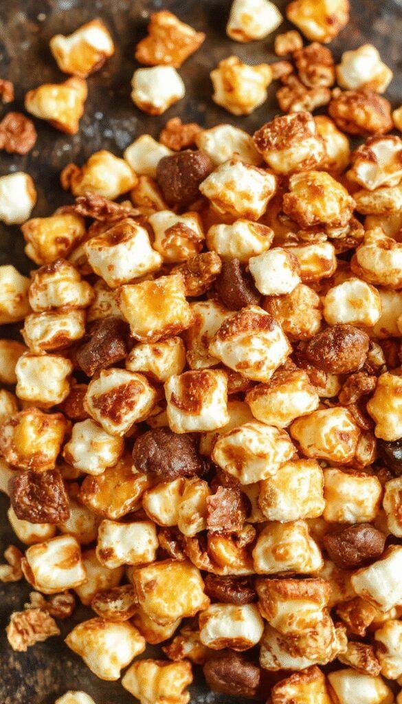 A festive bowl of Autumn Harvest Snack Mix featuring caramel-coated popcorn, colorful candies, and seasonal snacks arranged for a spooky delight.