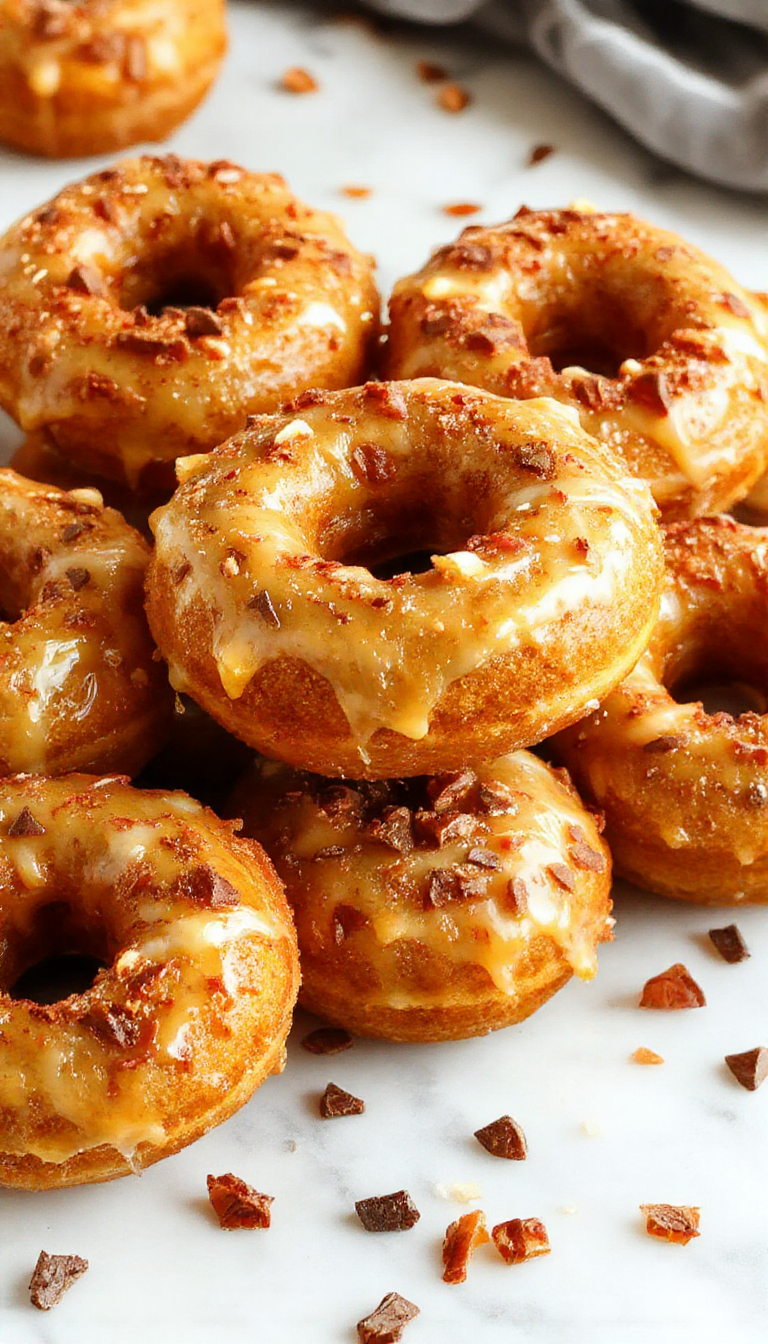 A tray of freshly made pumpkin donuts glazed with maple syrup, surrounded by autumn leaves and cinnamon sticks