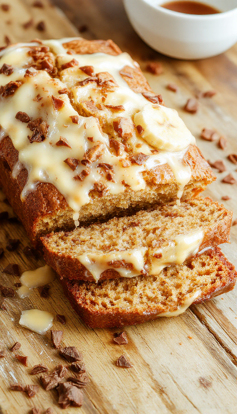 A freshly baked loaf of Barista's Best Banana Bread on a rustic wooden table, garnished with banana slices and a cup of coffee in the background.