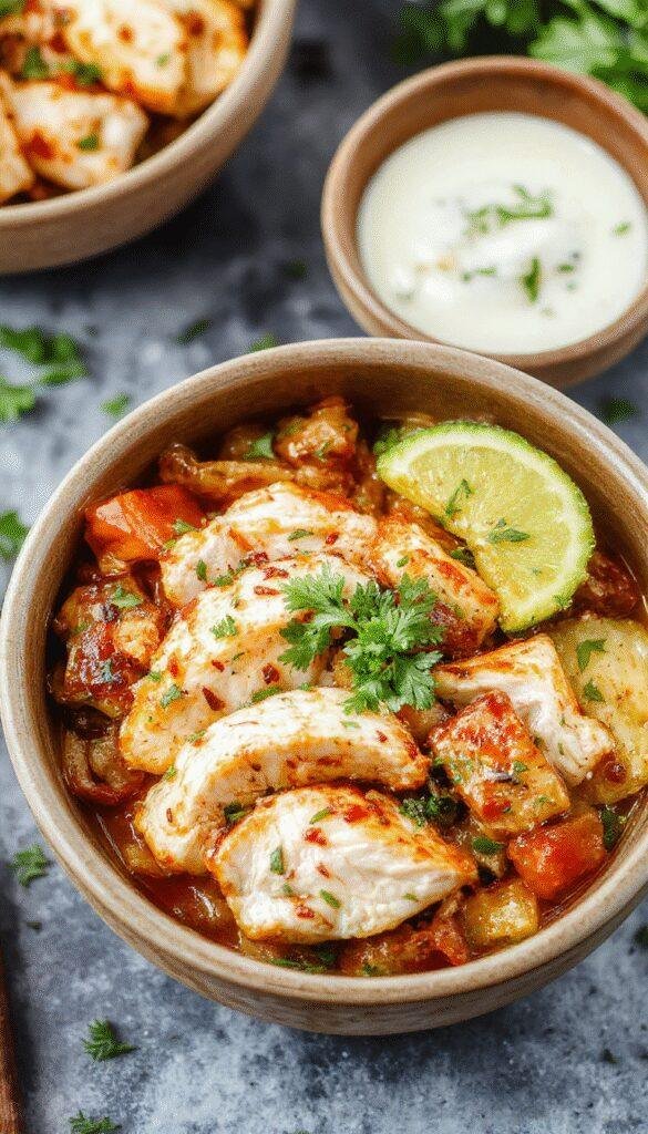 A vibrant chicken bowl featuring grilled chicken, colorful veggies, and rice, served with fresh herbs and a tangy sauce.