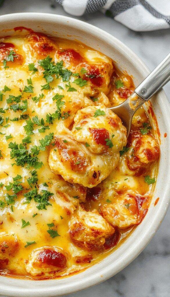A cheesy chicken burrito bake in a baking dish topped with melted cheese, garnished with fresh cilantro and lime wedges.