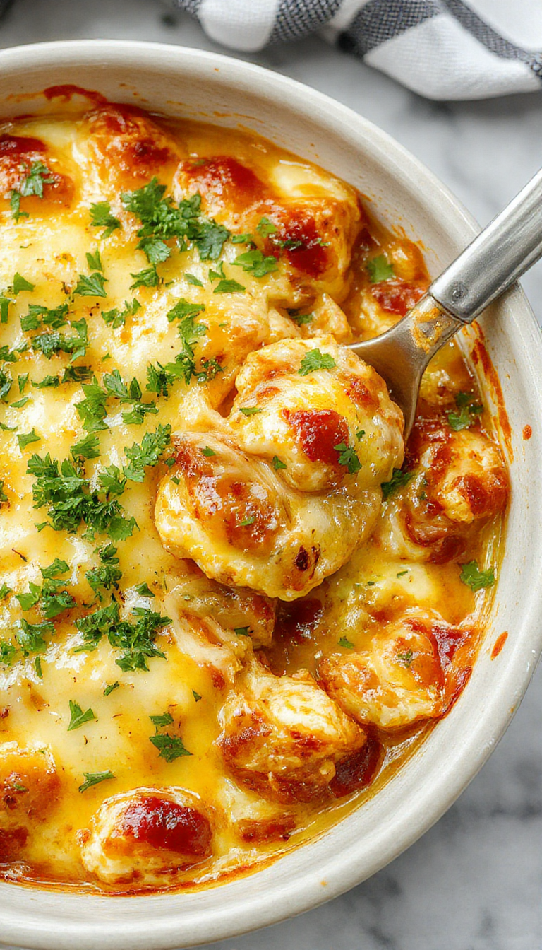 A cheesy chicken burrito bake in a baking dish topped with melted cheese, garnished with fresh cilantro and lime wedges.