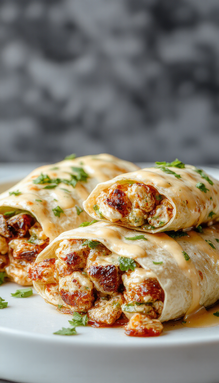 A close-up of cheesy garlic chicken wraps filled with tender chicken, melted cheese, and fresh greens, wrapped in a soft tortilla.