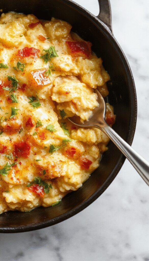 A delicious cheesy skillet orzo served hot in a rustic skillet, topped with melted cheese and fresh herbs.