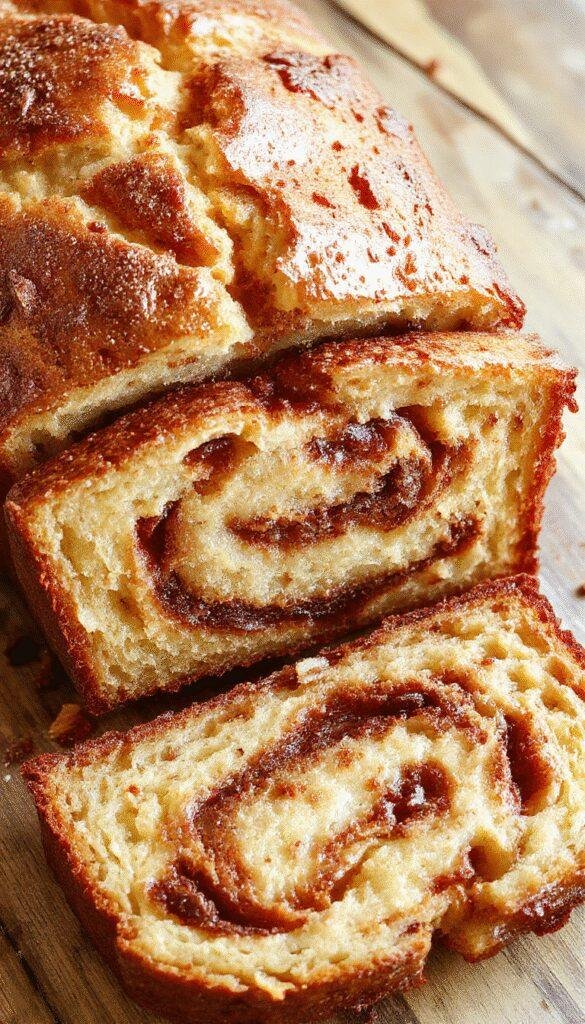 A freshly sliced cinnamon swirl banana bread loaf showing a golden crust with visible cinnamon swirls inside, displayed on a rustic wooden board.