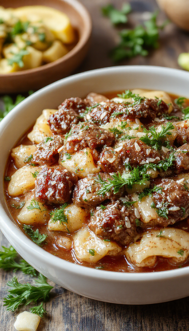 A steaming bowl of comforting beef and orzo pasta garnished with fresh herbs on a rustic wooden table.