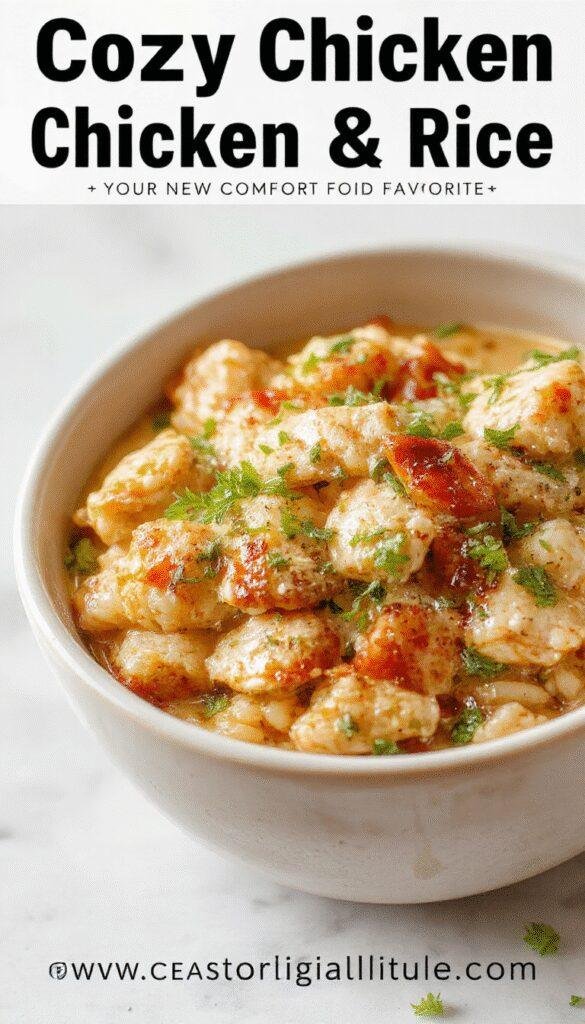 A steaming bowl of cozy creamy chicken and rice topped with fresh herbs, garnished with chopped vegetables, and served on a rustic wooden table.