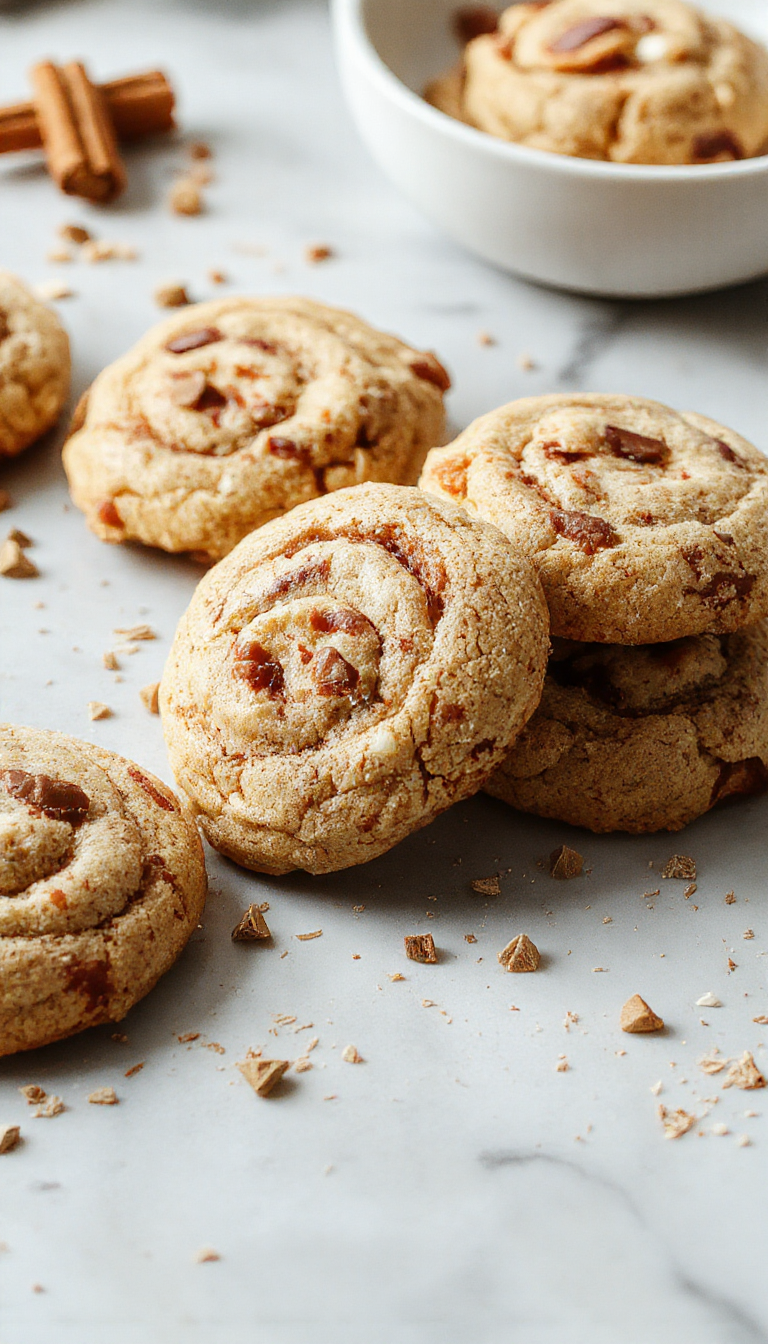 Close-up of cozy cinnamon swirl cookies with a golden-brown crust, showcasing the swirled cinnamon filling on a rustic wooden board.