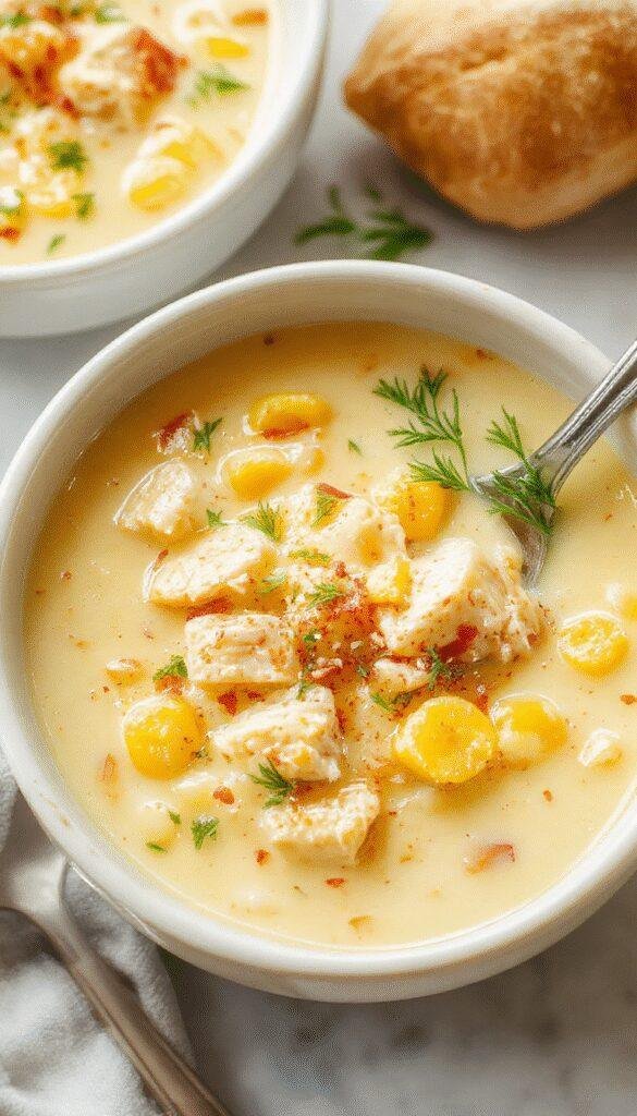 A steaming bowl of Cozy Slow Cooker Chicken & Corn Chowder topped with fresh herbs and served with crusty bread on a rustic table.