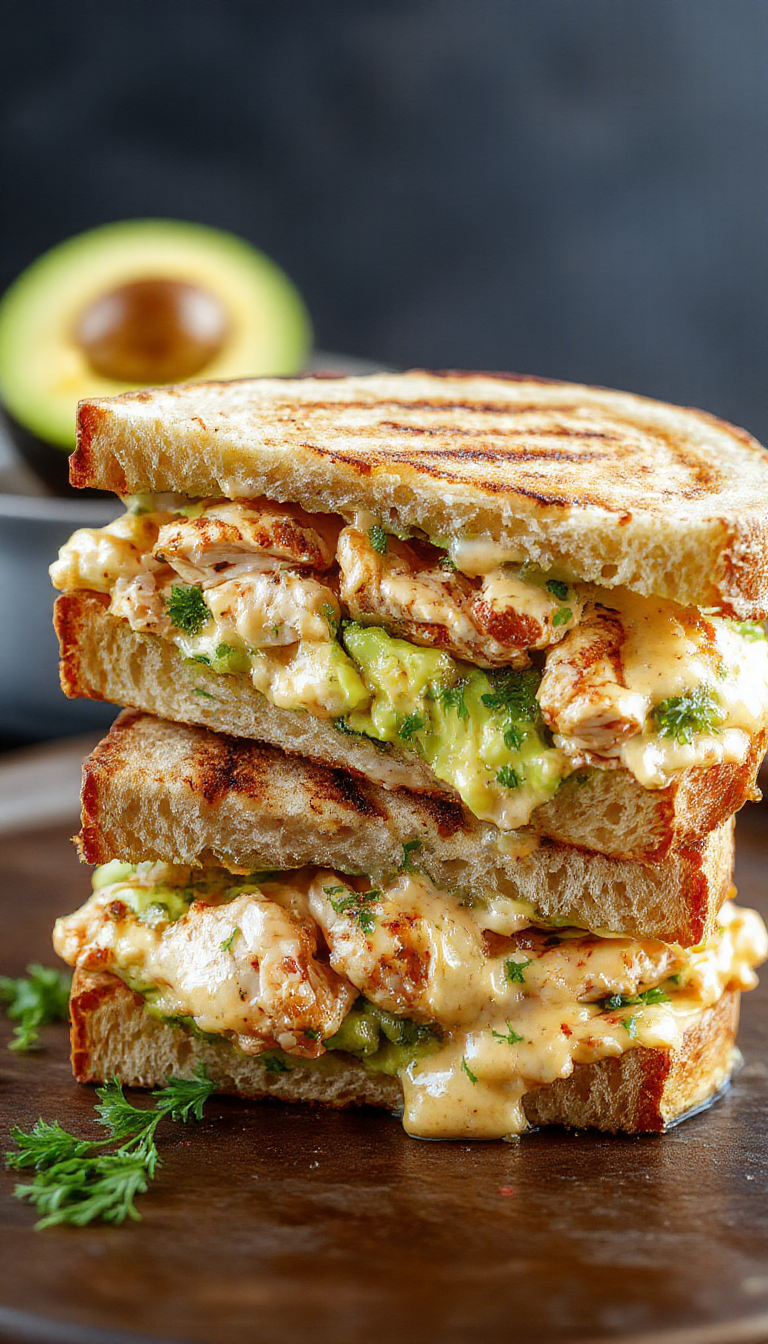 A close-up of a creamy chicken and avocado melt sandwich showing melted cheese, fresh avocado slices, and tender chicken on toasted bread