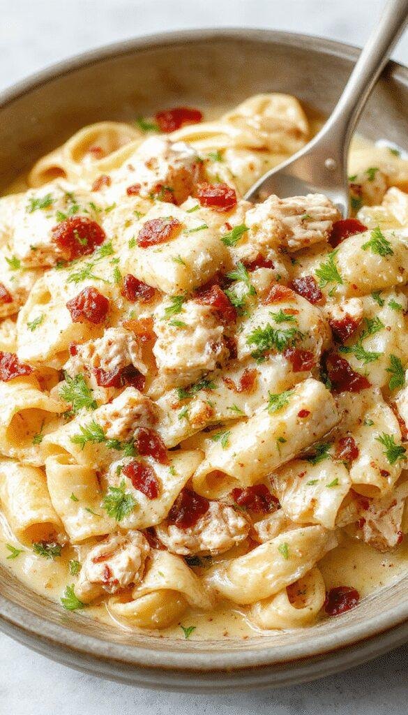 A creamy chicken bacon ranch pasta dish served in a white bowl with garnished herbs, showing tender chicken pieces, crispy bacon, and smooth sauce.
