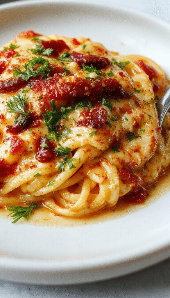 A delicious plate of Creamy Dreamy Baked Spaghetti Delight topped with melted cheese and fresh herbs, served on a rustic wooden table.