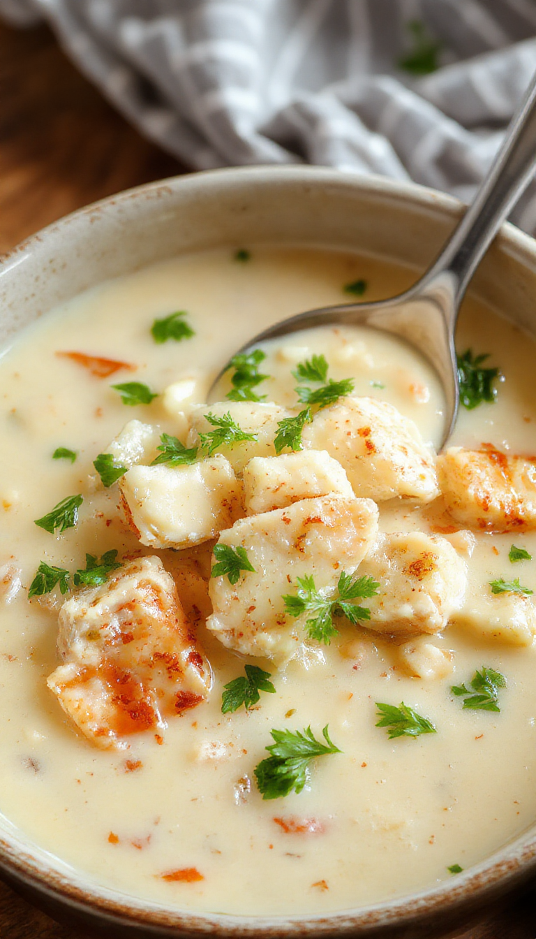 A bowl of creamy white chicken chili topped with shredded cheese, fresh cilantro, and a dollop of sour cream, served in a cozy kitchen setting.