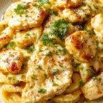 A plate of Creamy Garlic & Herb Chicken Pasta featuring tender chicken strips coated in a rich, herb-infused creamy sauce topped with fresh parsley.