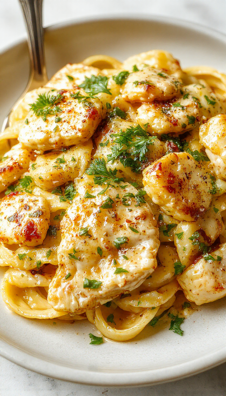 A plate of Creamy Garlic & Herb Chicken Pasta featuring tender chicken strips coated in a rich, herb-infused creamy sauce topped with fresh parsley.