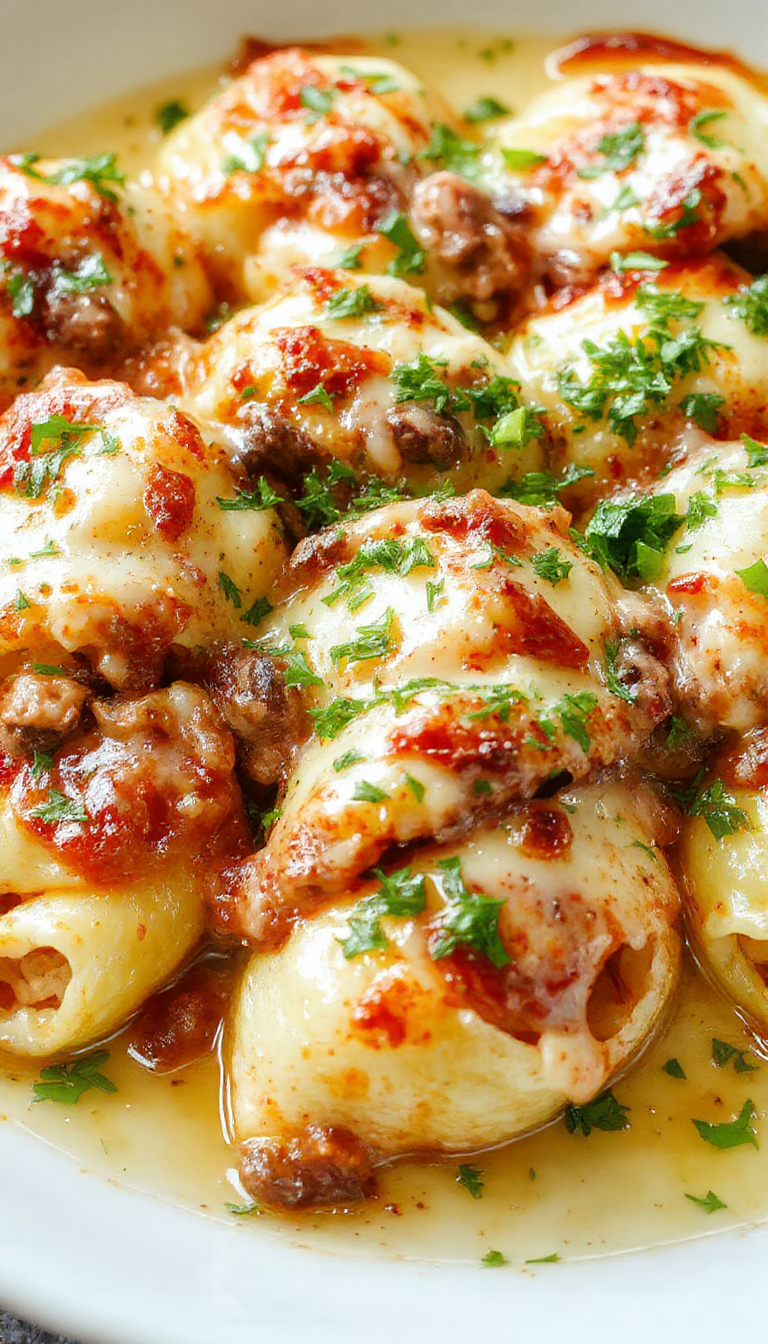 A plate of creamy ricotta and beef stuffed pasta shells topped with a crispy golden crust, garnished with fresh herbs.