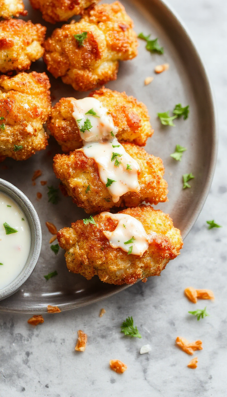 Crispy Air-Fried Buffalo Cauliflower served on a white plate with celery sticks and blue cheese dip, garnished with chopped parsley for a spicy snack.
