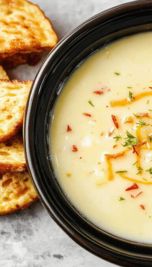A bowl of creamy, cheesy potato soup garnished with chopped green onions and shredded cheese, served steaming in a rustic white bowl.