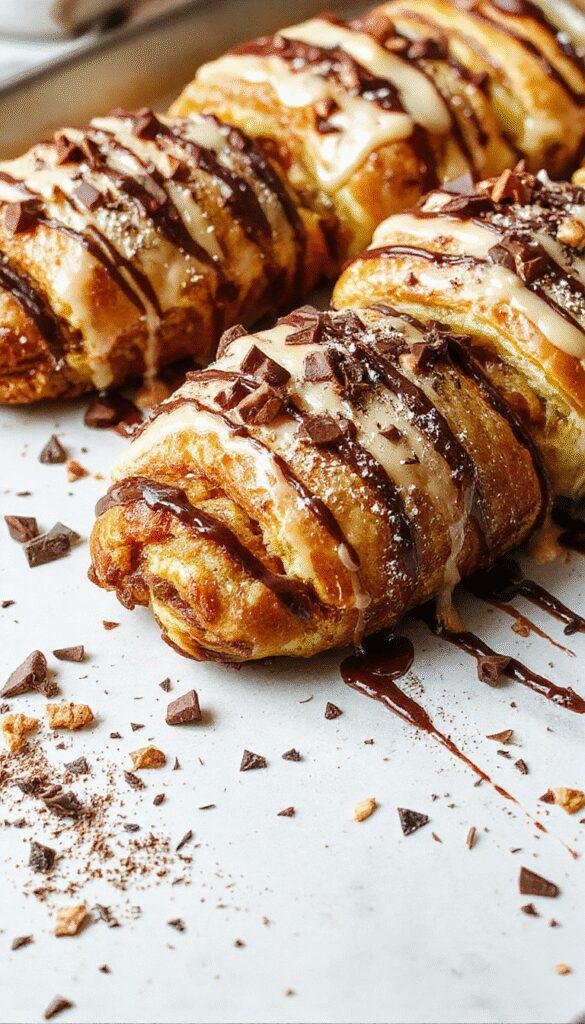 A golden-brown Chocolate Croissant Morning Bake topped with powdered sugar, featuring flaky layers and melted chocolate filling.