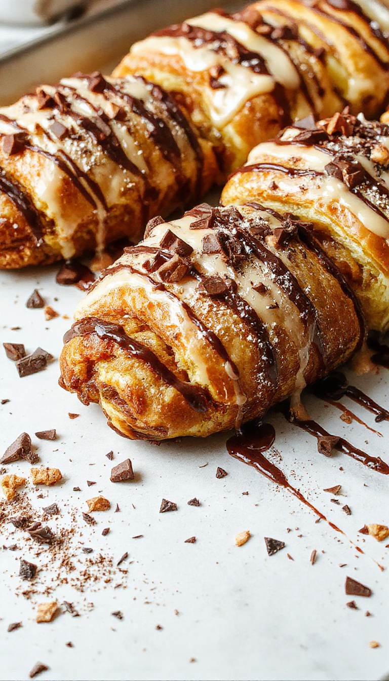 A golden-brown Chocolate Croissant Morning Bake topped with powdered sugar, featuring flaky layers and melted chocolate filling.